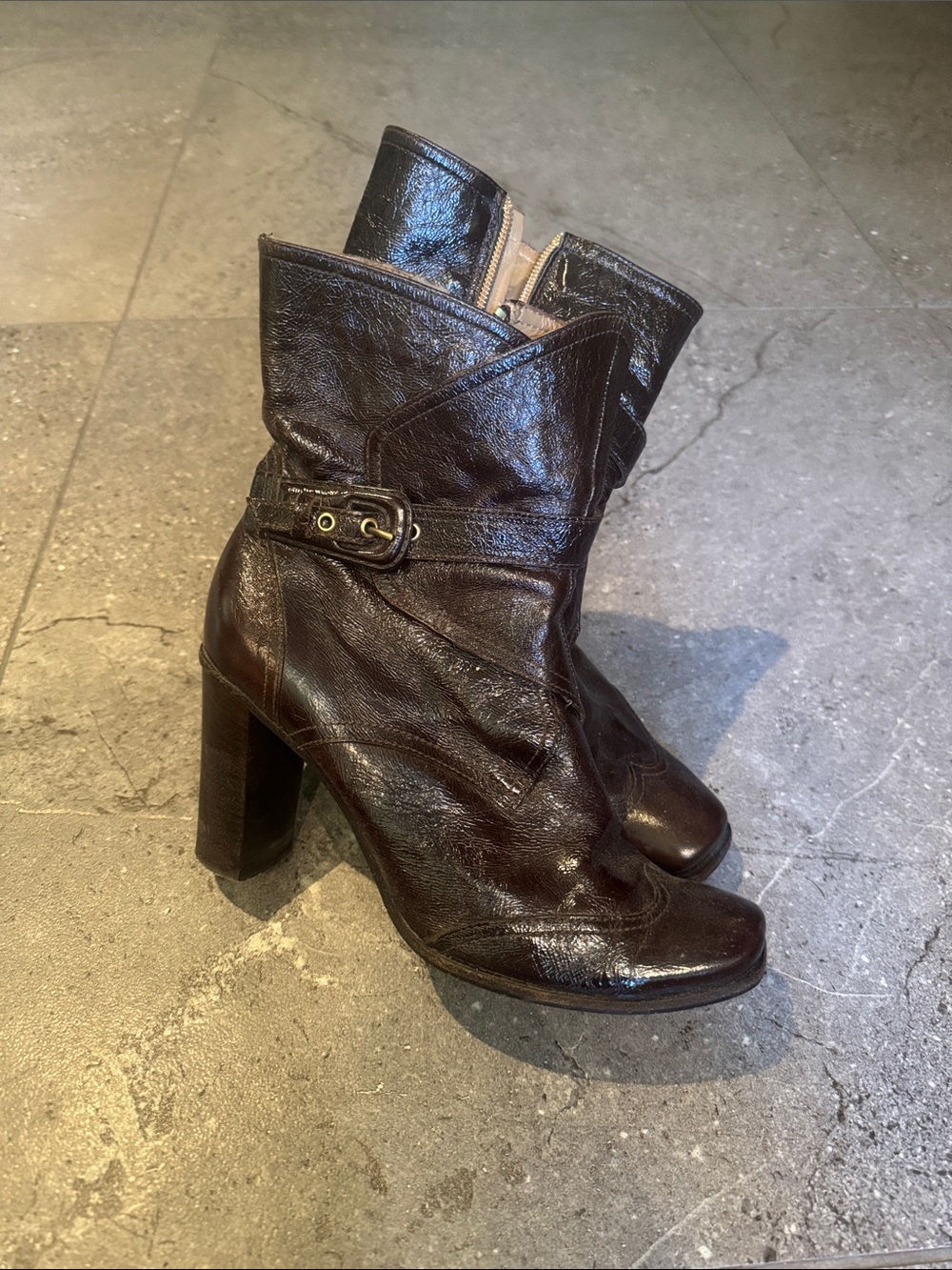 Women's Dark Brown Leather Mid-Calf Heeled Boots with Buckle Detail